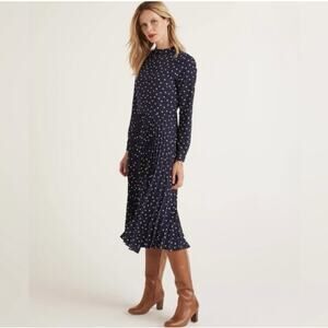 Boden Dress Womens 6 Navy Blue Camille Polka Dot Pleated Long Sleeve Midi